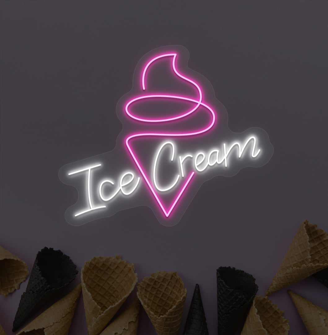 White LED ice cream neon sign with ice cream cone. Perfect for kids' rooms & play areas and dessert shop wall decor.