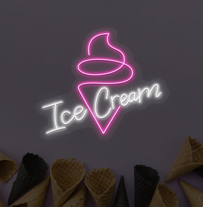 White LED ice cream neon sign with ice cream cone. Perfect for kids' rooms & play areas and dessert shop wall decor.