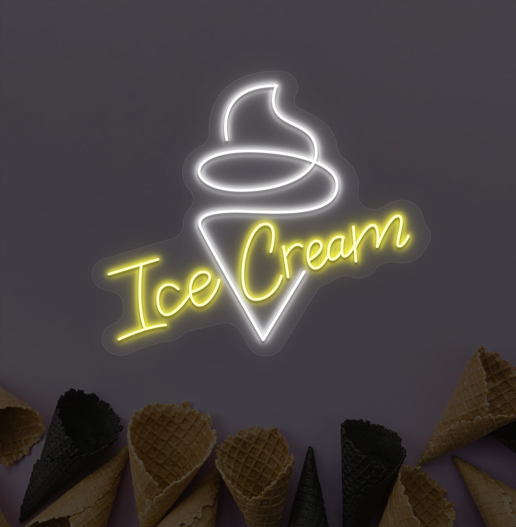 Image of an ice cream LED neon sign hanging on a wall with an ice cream cone sign in yellow color.