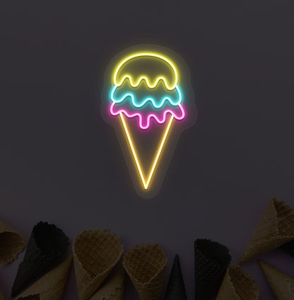 Image of an ice cream neon sign hanging on a cone-patterned wallpaper wall in yellow, ice blue & pink colors, and the cone is in yellow color.