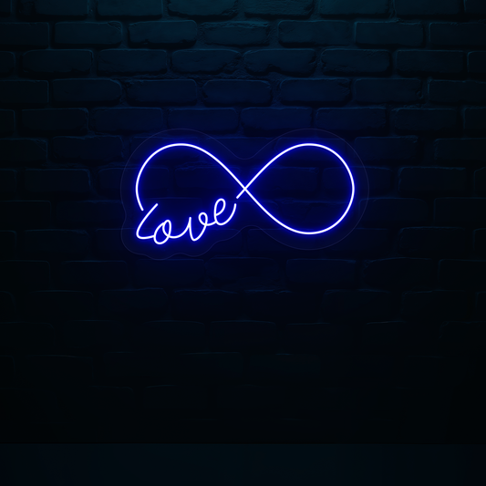 Image of a romantic "infinity love" LED neon sign glowing on wall in blue color.