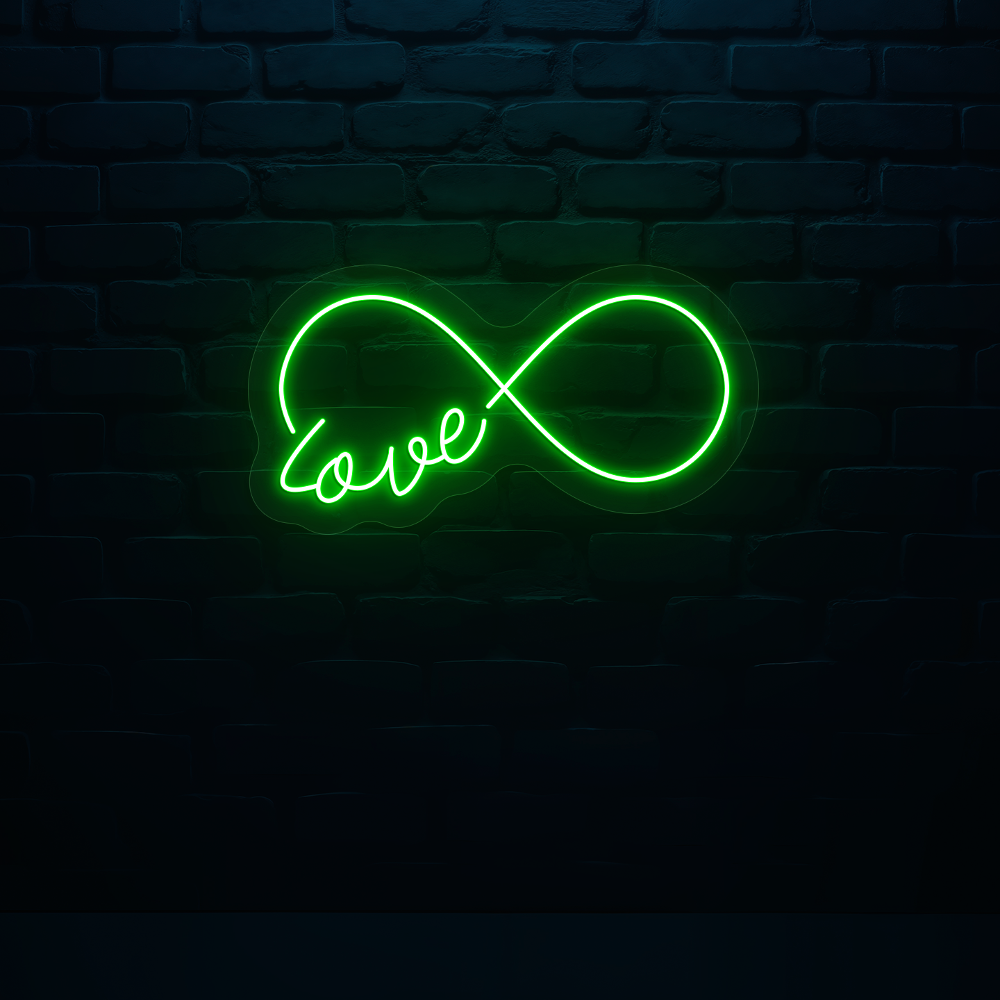 Stylish green LED "infinity love" neon sign mounted on wall.