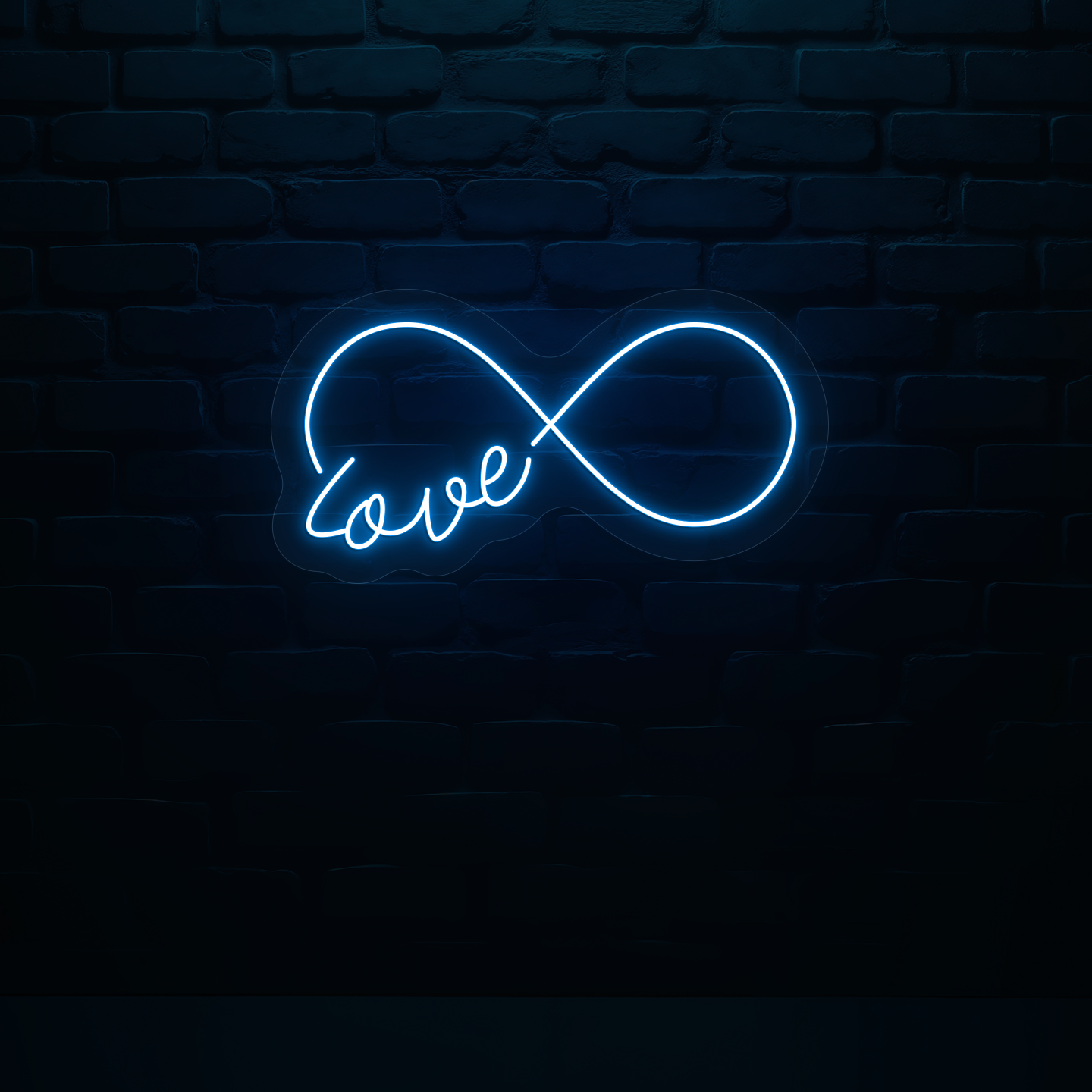 Image of a romantic "infinity love" LED neon sign glowing on wall in blue ice color.