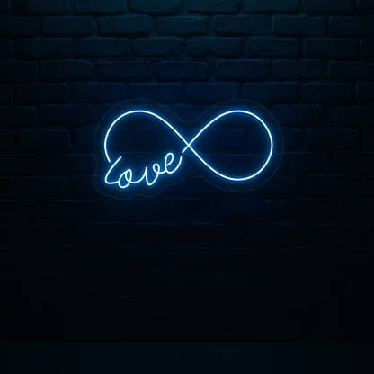 Image of a romantic "infinity love" LED neon sign glowing on wall in blue ice color.