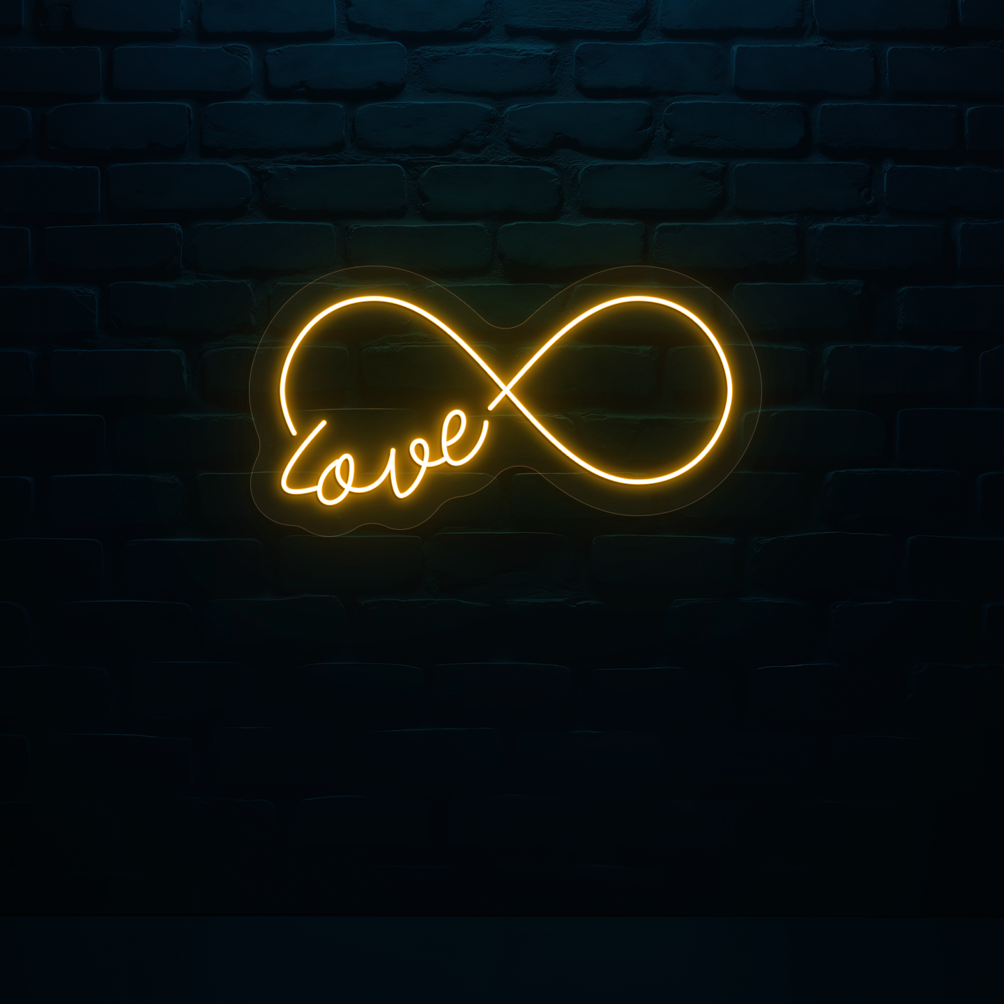 Stylish orange LED "infinity love" neon sign mounted on wall.