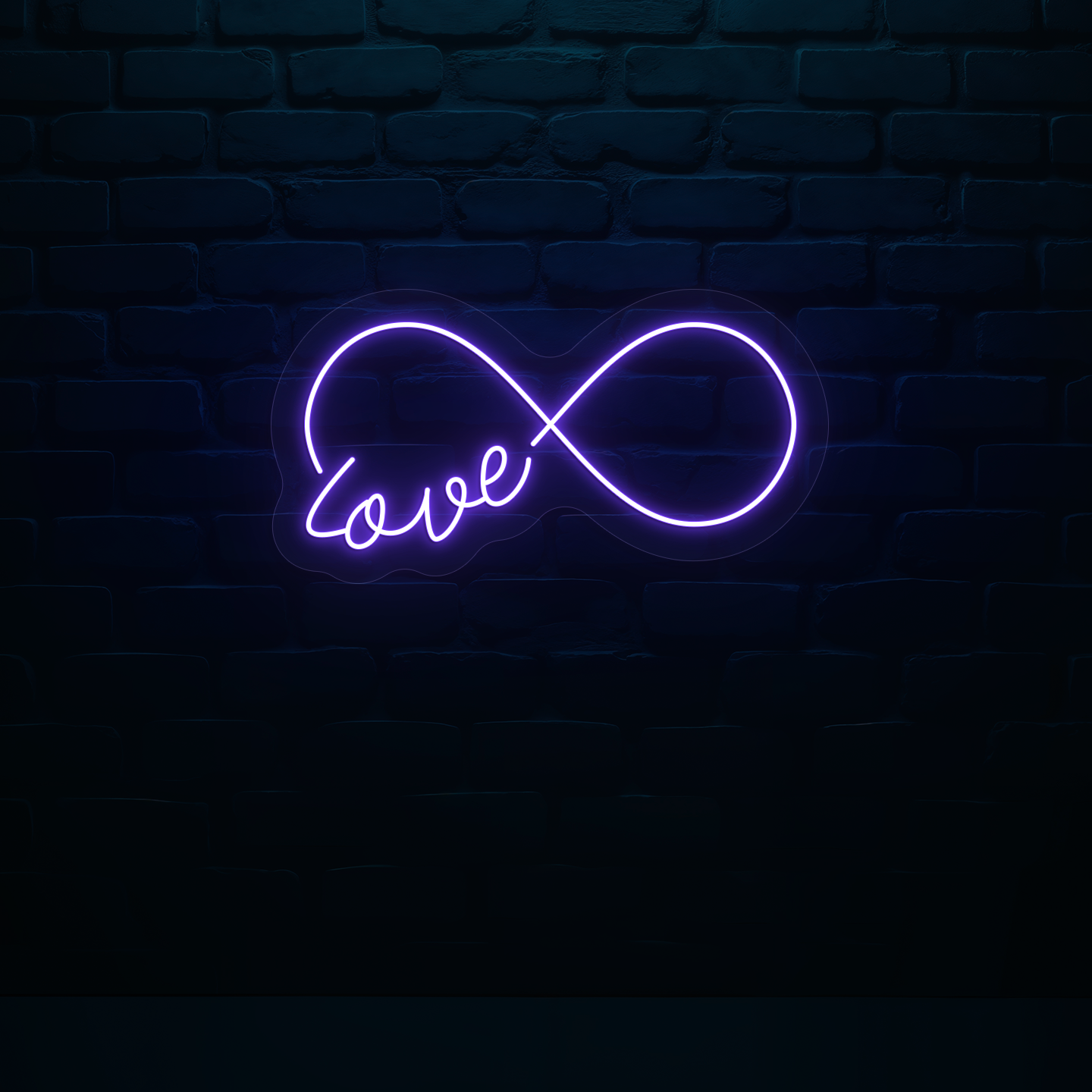 Stylish blue LED "infinity love" neon sign mounted on wall.