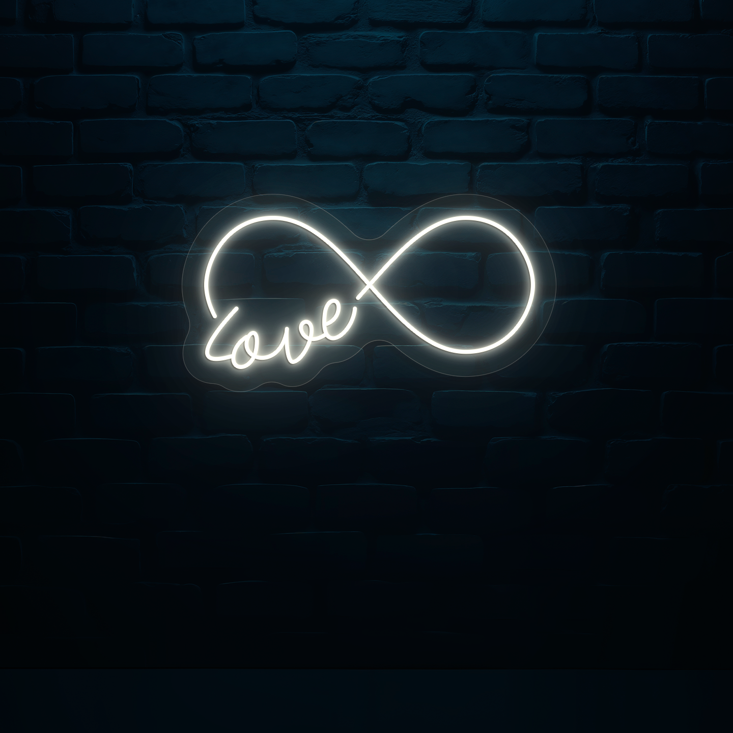 Stylish warm white LED "infinity love" neon sign mounted on wall.