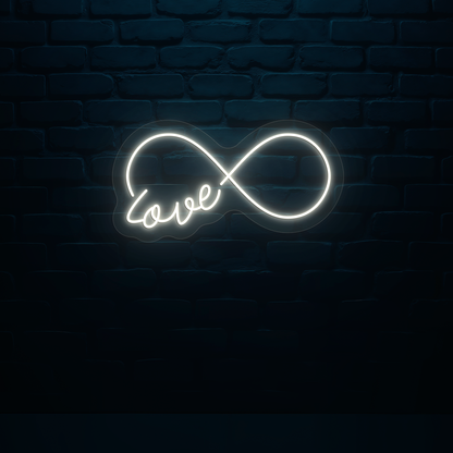 Stylish warm white LED "infinity love" neon sign mounted on wall.