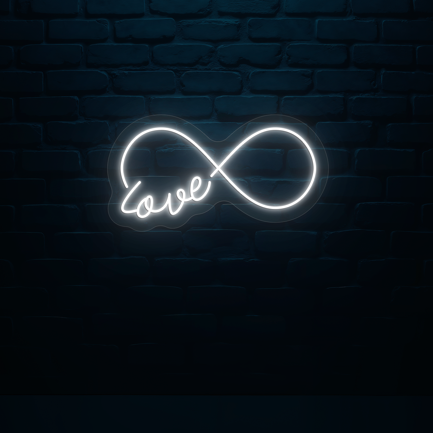 Image of a romantic "infinity love" LED neon sign glowing on wall in white color.