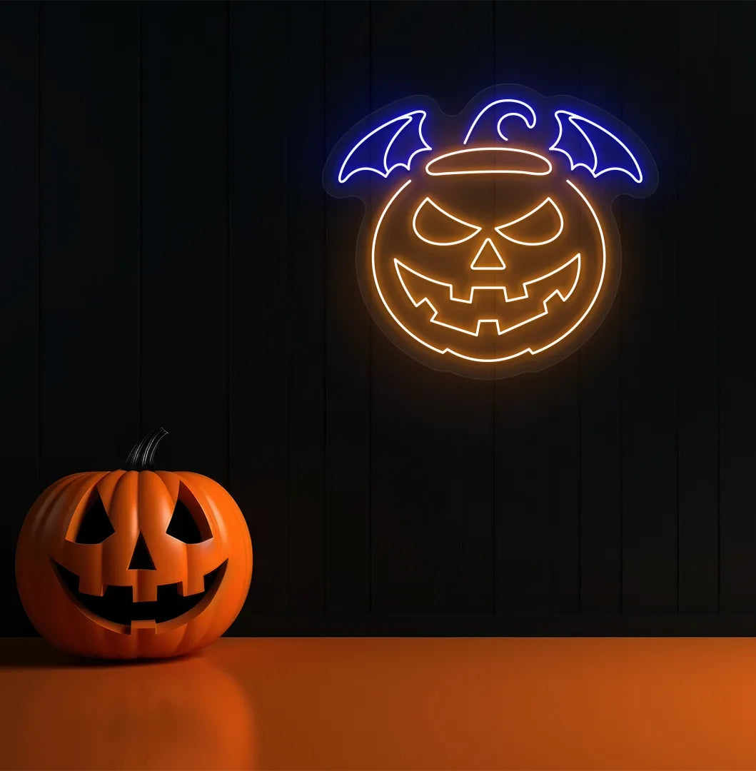 Blue Jack O' Lantern Neon Sign glowing on a spooky Halloween themed wall.