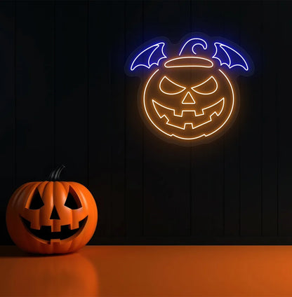 Blue Jack O' Lantern Neon Sign glowing on a spooky Halloween themed wall.
