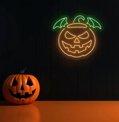 Jack O' Lantern Green LED Neon Sign creating a spooky glow on a themed wall
