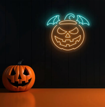 Ice Blue Jack O' Lantern Neon Sign glowing on a spooky Halloween themed wall.