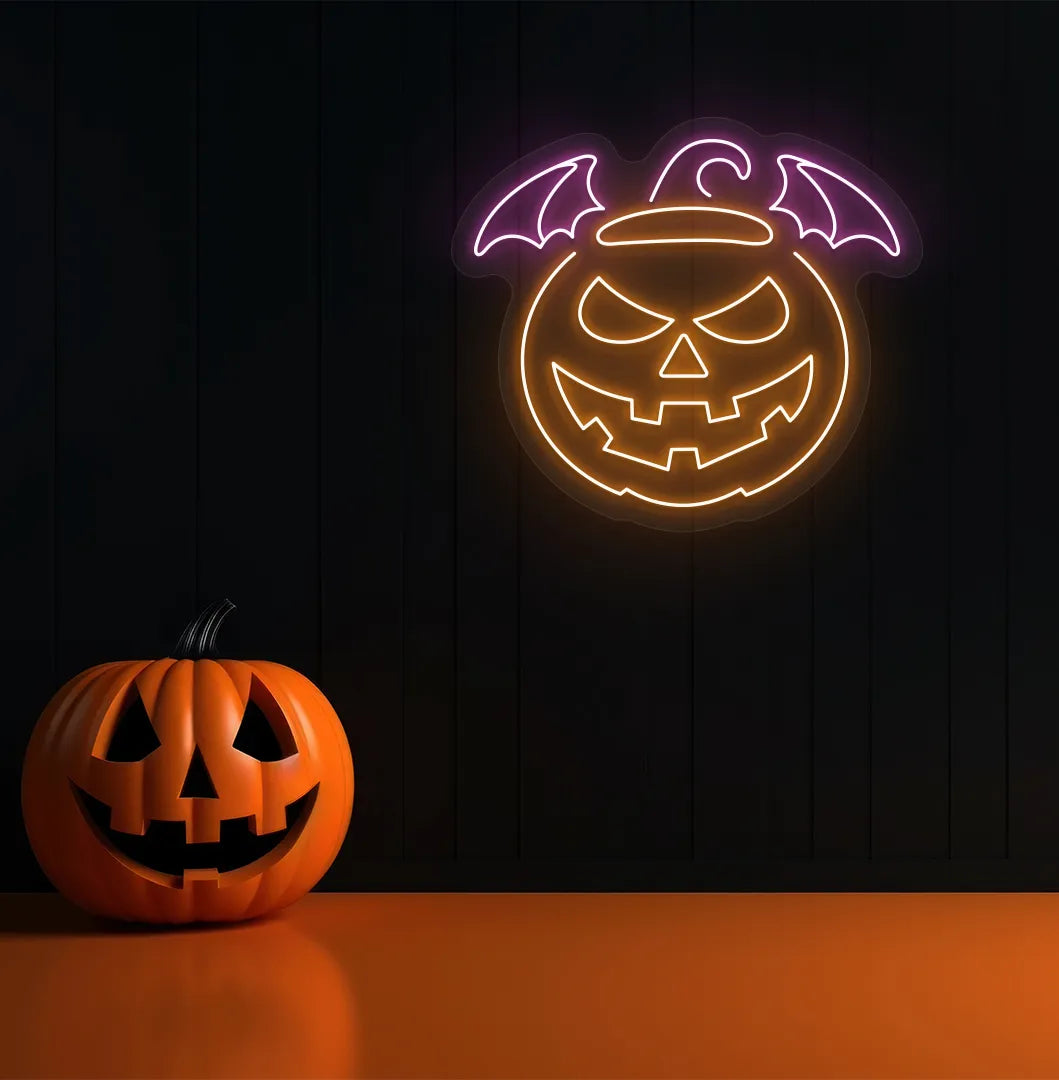 Jack O' Lantern purple LED Neon Sign creating a spooky glow on a themed wall