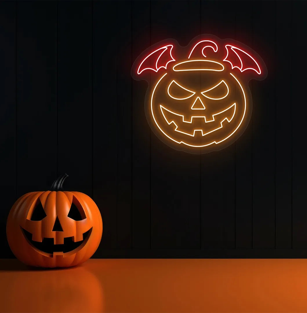 Red Jack O' Lantern Neon Sign glowing on a spooky Halloween themed wall.