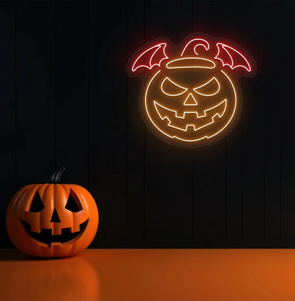 Red Jack O' Lantern Neon Sign glowing on a spooky Halloween themed wall.