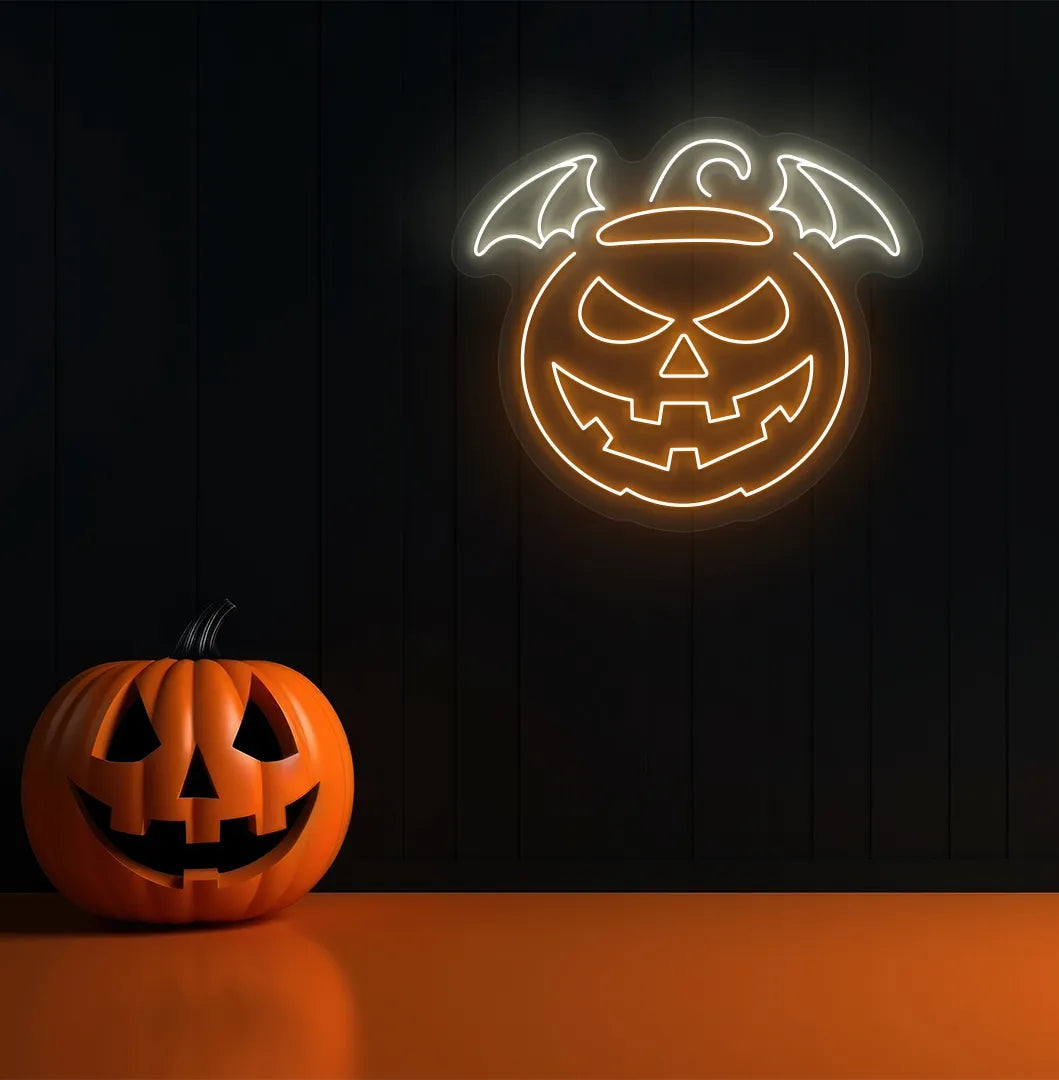 Jack O' Lantern warm white LED Neon Sign creating a spooky glow on a themed wall