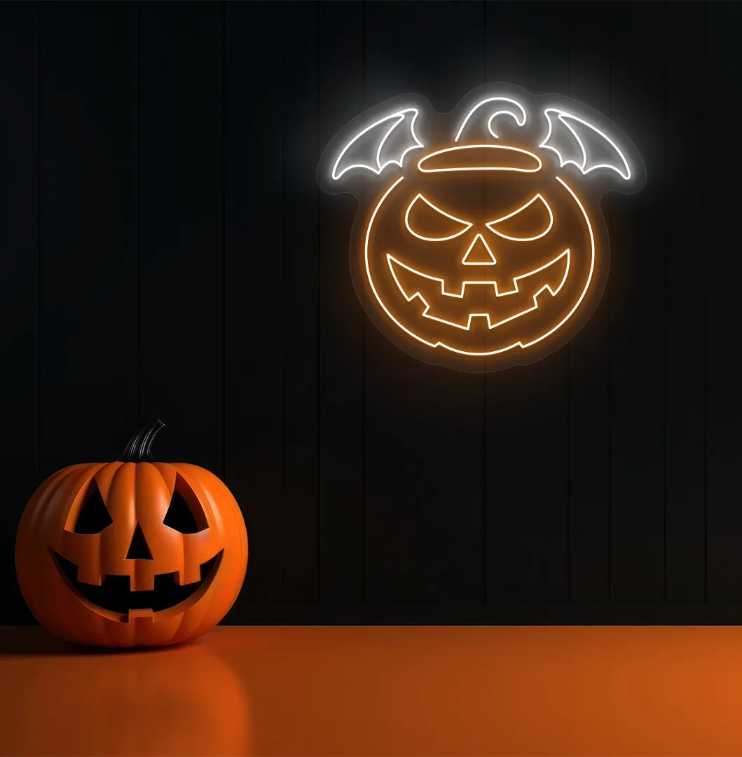 White Jack O' Lantern Neon Sign glowing on a spooky Halloween themed wall.