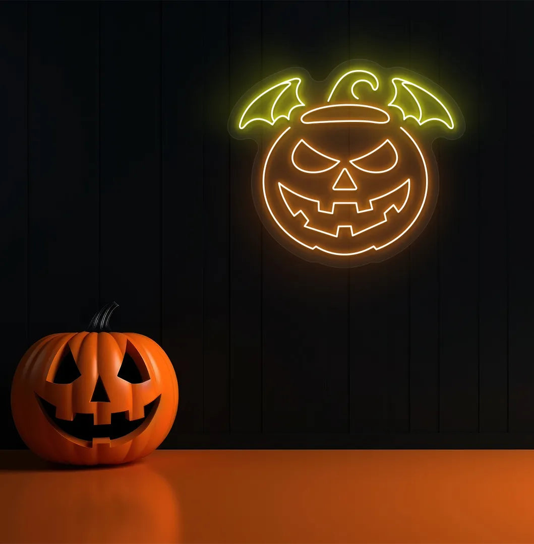 Jack O' Lantern yellow LED Neon Sign creating a spooky glow on a themed wall