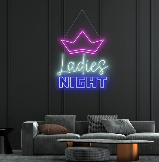 Image of a ladies' night neon sign mounted on wall in blue color.