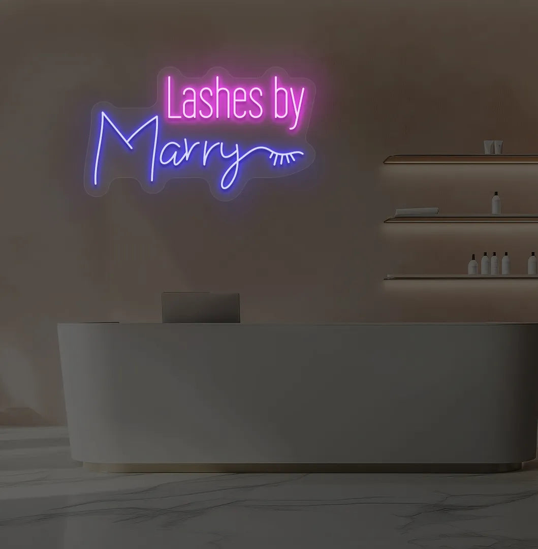 Personalized Lashes by Custom Name neon sign in blue color mounted on modern wall.