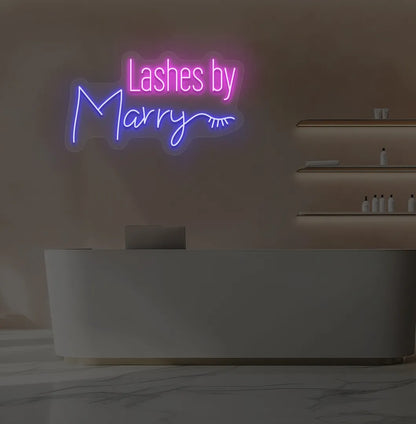 Personalized Lashes by Custom Name neon sign in blue color mounted on modern wall.