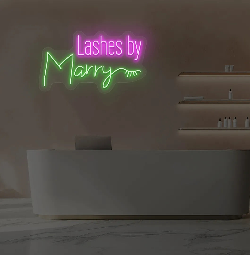 Green LED personalized Lashes by Custom Name neon sign for salon wall.