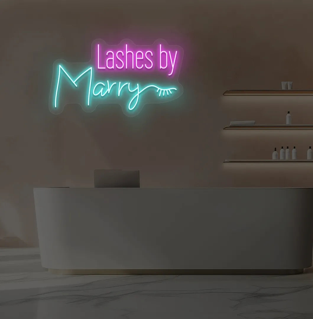 Personalized Lashes by Custom Name neon sign in ice blue color mounted on modern wall.