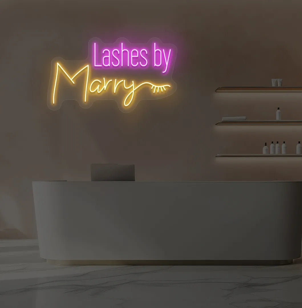 Orange LED personalized Lashes by Custom Name neon sign for salon wall.