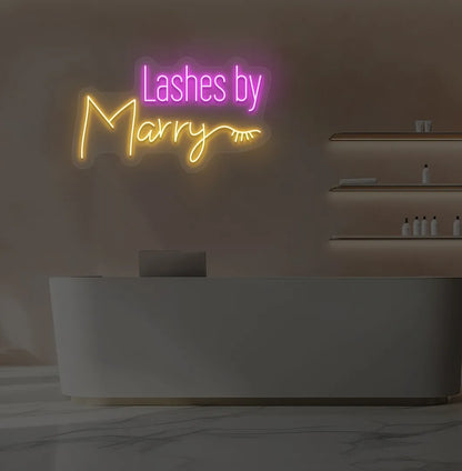 Orange LED personalized Lashes by Custom Name neon sign for salon wall.