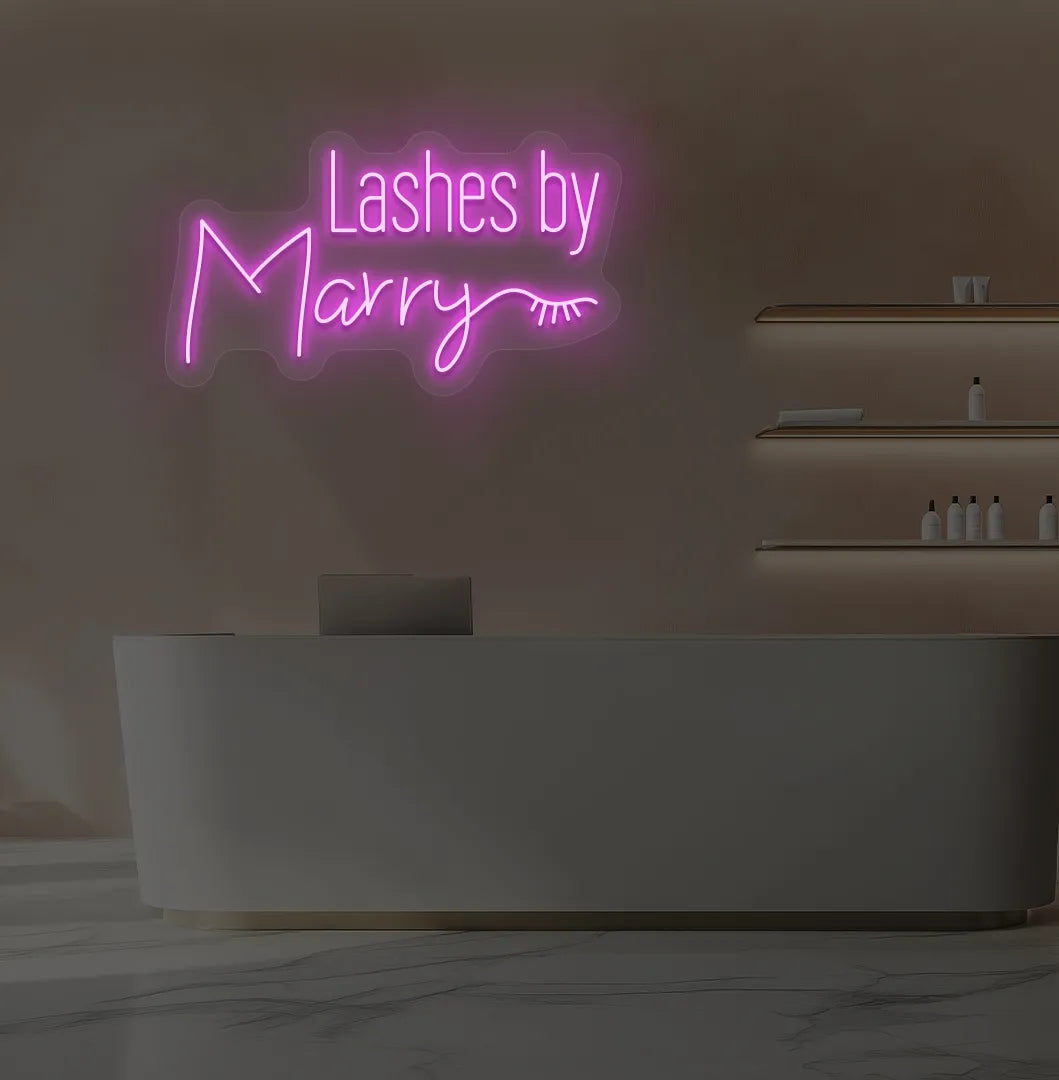 Personalized Lashes by Custom Name neon sign in pink color mounted on modern wall.