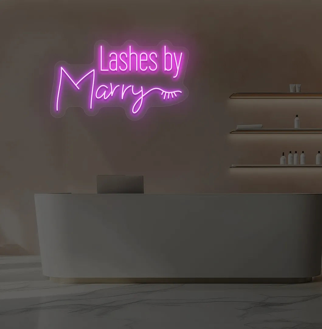 Purple LED personalized Lashes by Custom Name neon sign for salon wall.