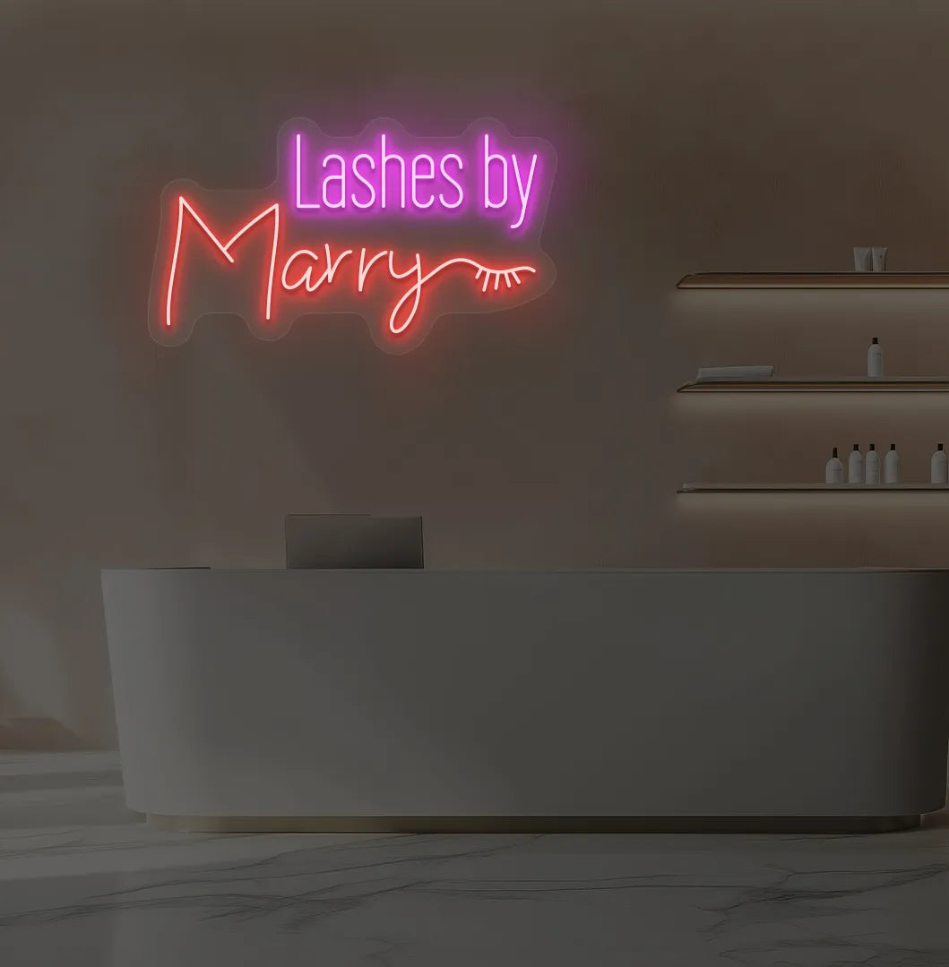Personalized Lashes by Custom Name neon sign in red color mounted on modern wall.
