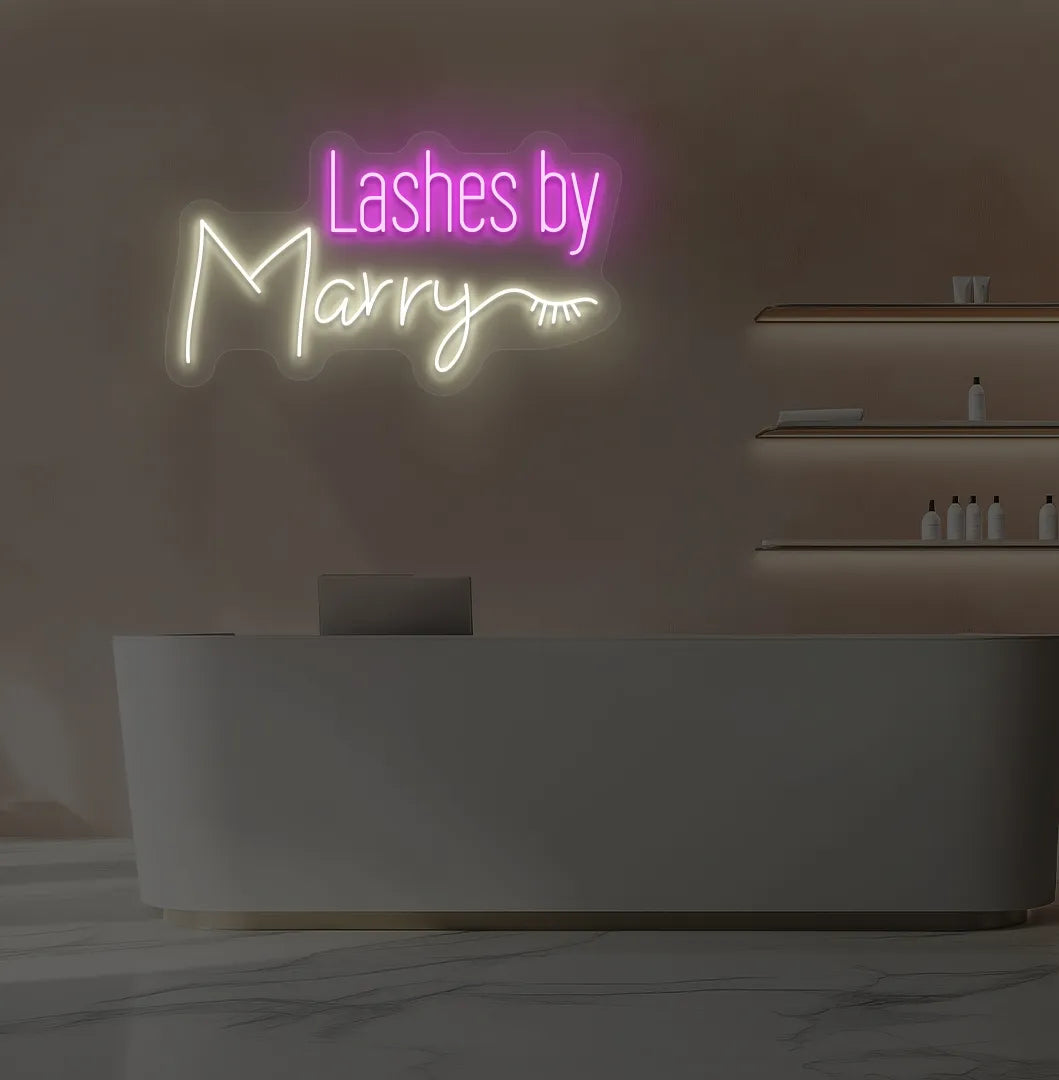 Warm white LED personalized Lashes by Custom Name neon sign for salon wall.