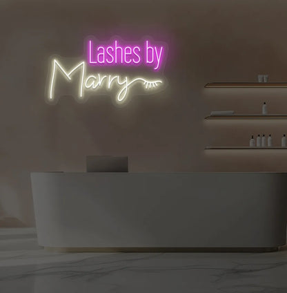 Warm white LED personalized Lashes by Custom Name neon sign for salon wall.