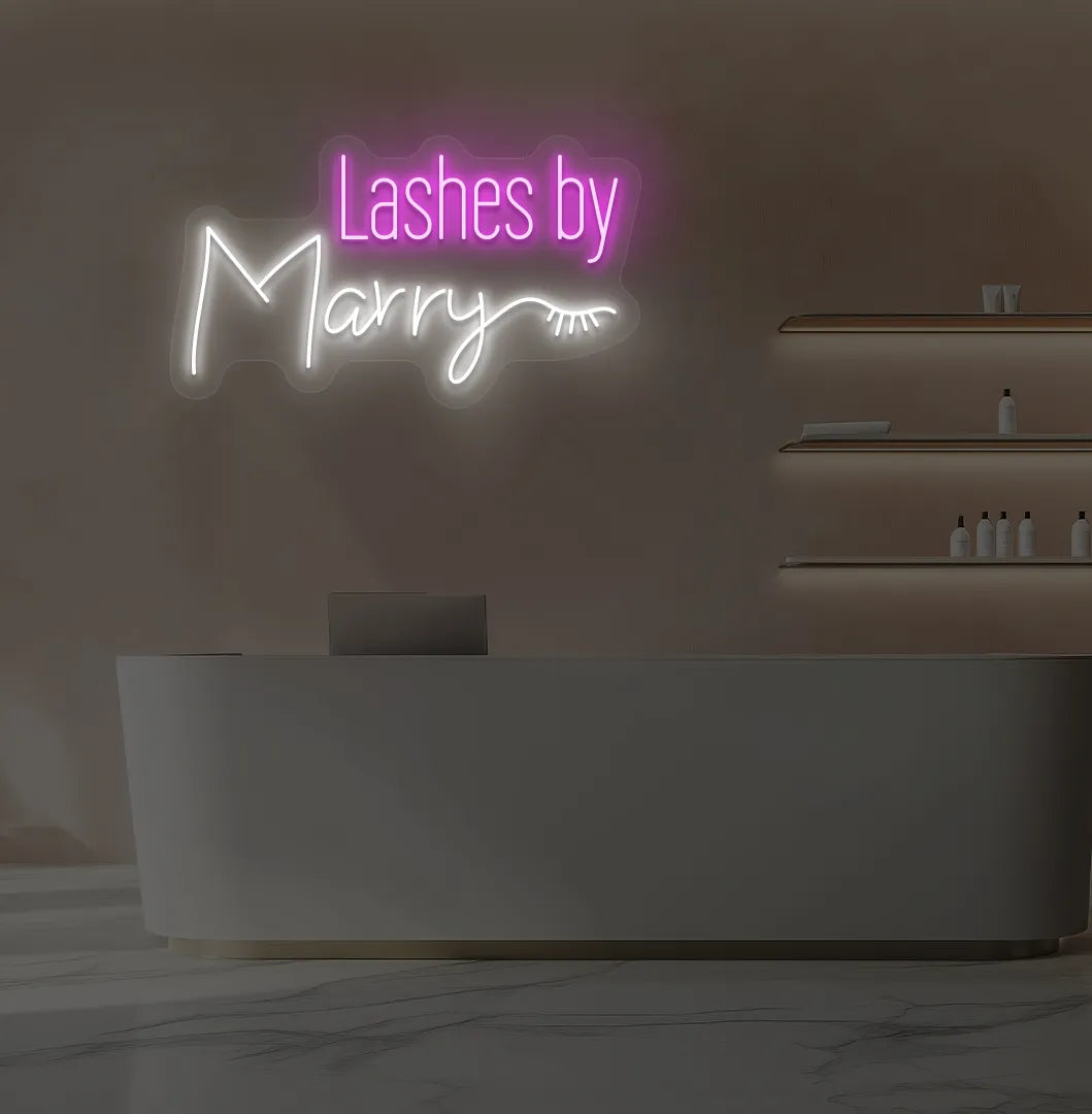Personalized Lashes by Custom Name neon sign in white color mounted on modern wall.