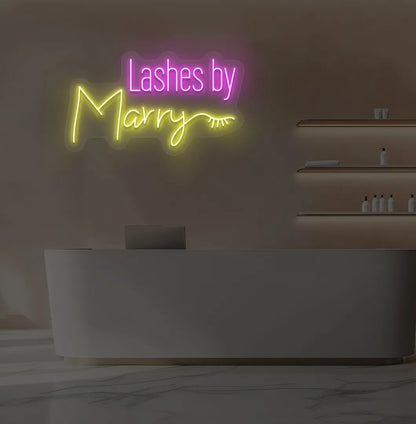 Yellow LED personalized Lashes by Custom Name neon sign for salon wall.