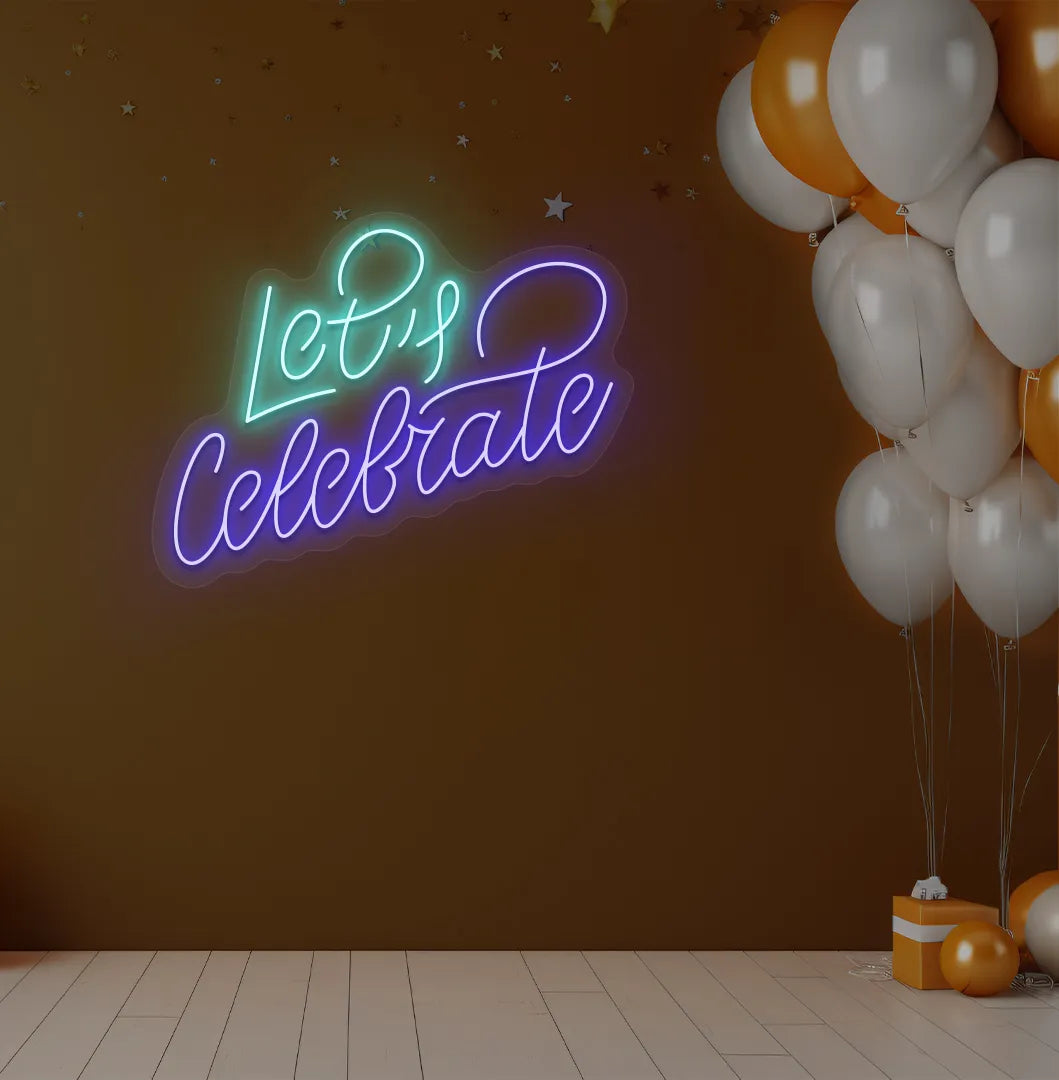 Party-themed Let's Celebrate neon sign mounted on modern event wall in blue color.