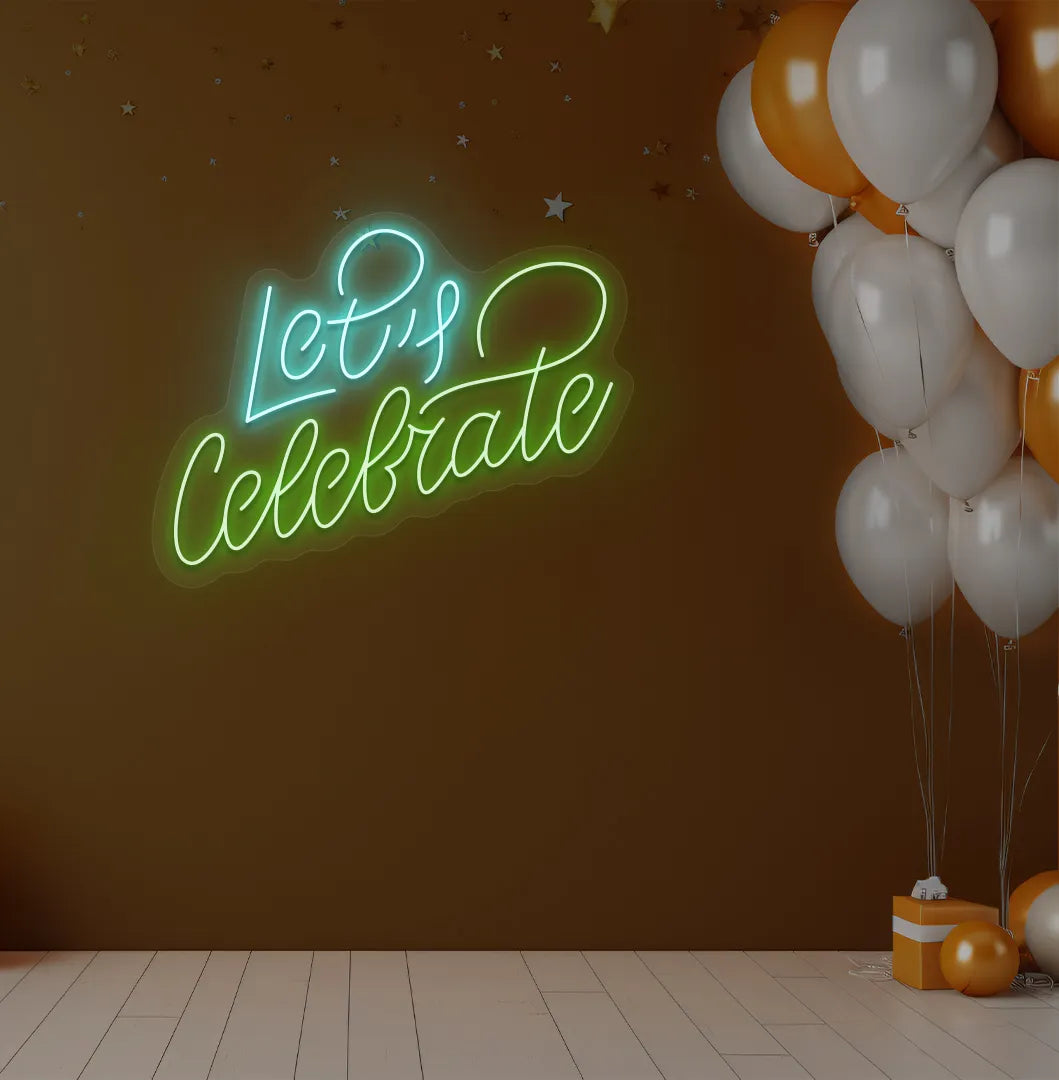 Image of a stylish Let's Celebrate LED neon sign mounted on aesthetic wall in green color.