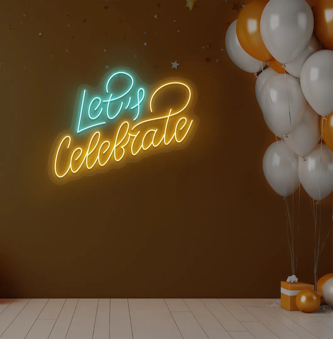 Image of a stylish Let's Celebrate LED neon sign mounted on aesthetic wall in orange color.