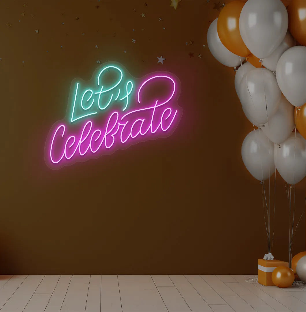 Party-themed Let's Celebrate neon sign mounted on modern event wall in pink color.