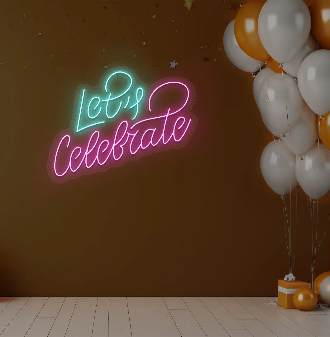 Image of a stylish Let's Celebrate LED neon sign mounted on aesthetic wall in purple color.