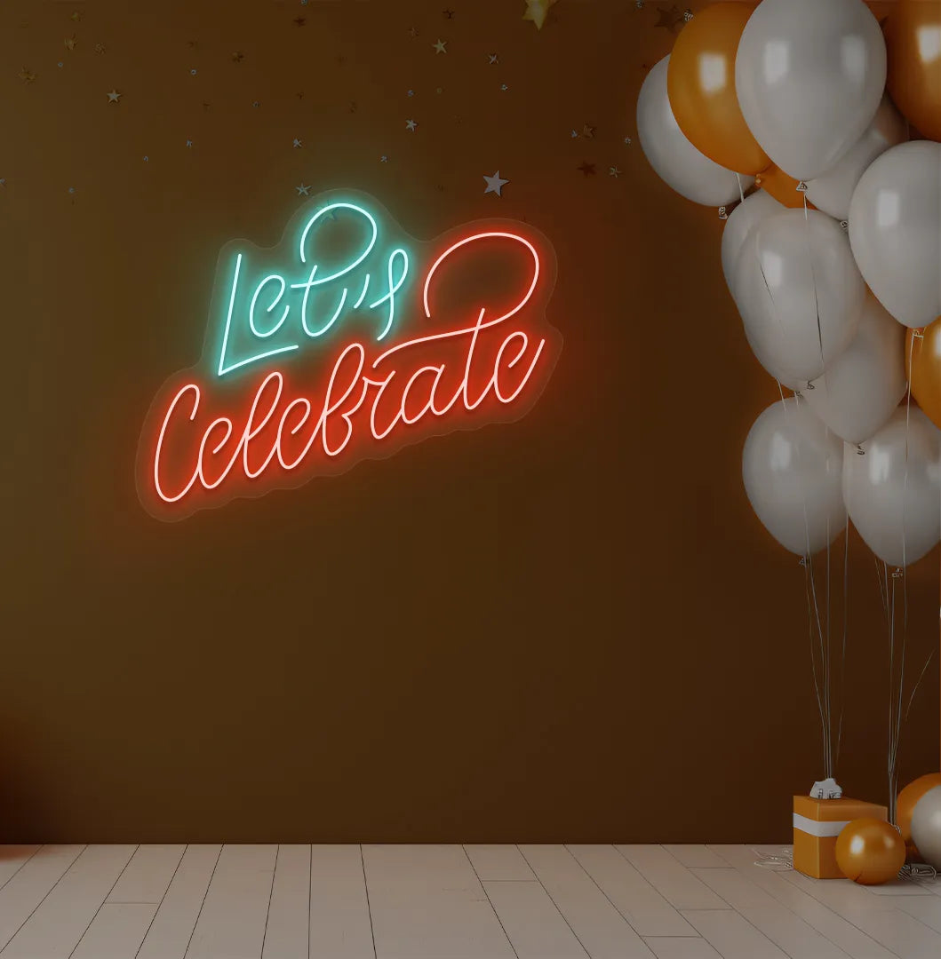 Party-themed Let's Celebrate neon sign mounted on modern event wall in red color.