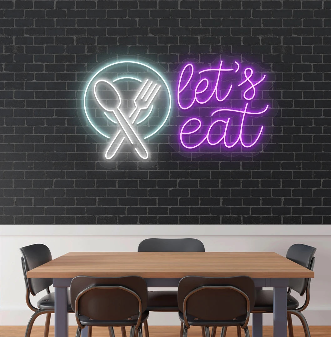 Let’s eat neon sign with a plate and crossed cutlery icon in purple cafe interior.