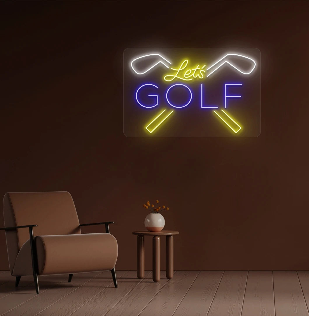 Image of a bright blue lets golf neon sign for sports mounted wall in blue color.