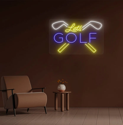 Image of a bright blue lets golf neon sign for sports mounted wall in blue color.