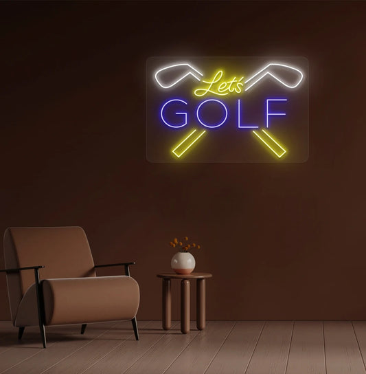 Image of a bright blue lets golf neon sign for sports mounted wall in blue color.