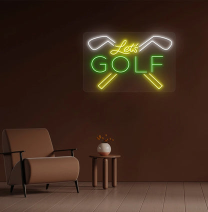 Trendy lets golf neon sign in green mounted on wall. Perfect for golf clubs & lounges, sports bars, game rooms, entertainment spaces and clubhouses.