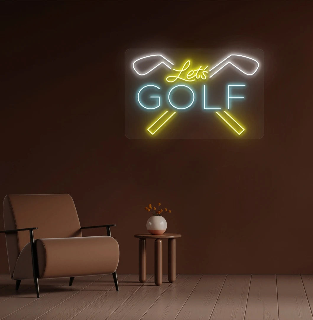 Image of a bright blue lets golf neon sign for sports mounted wall in ice blue color.