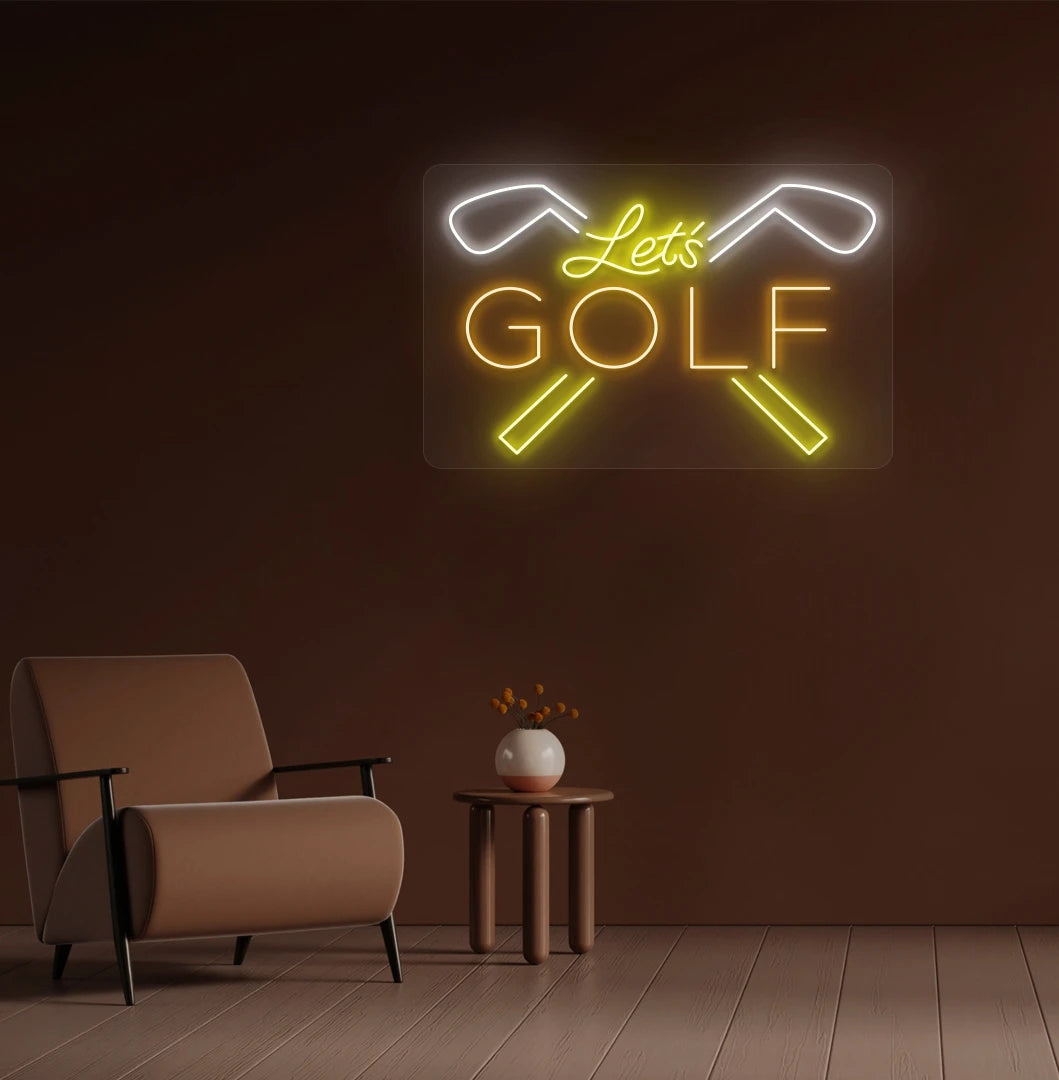 Trendy lets golf neon sign in orange mounted on wall. Perfect for golf clubs & lounges, sports bars, game rooms, entertainment spaces and clubhouses.